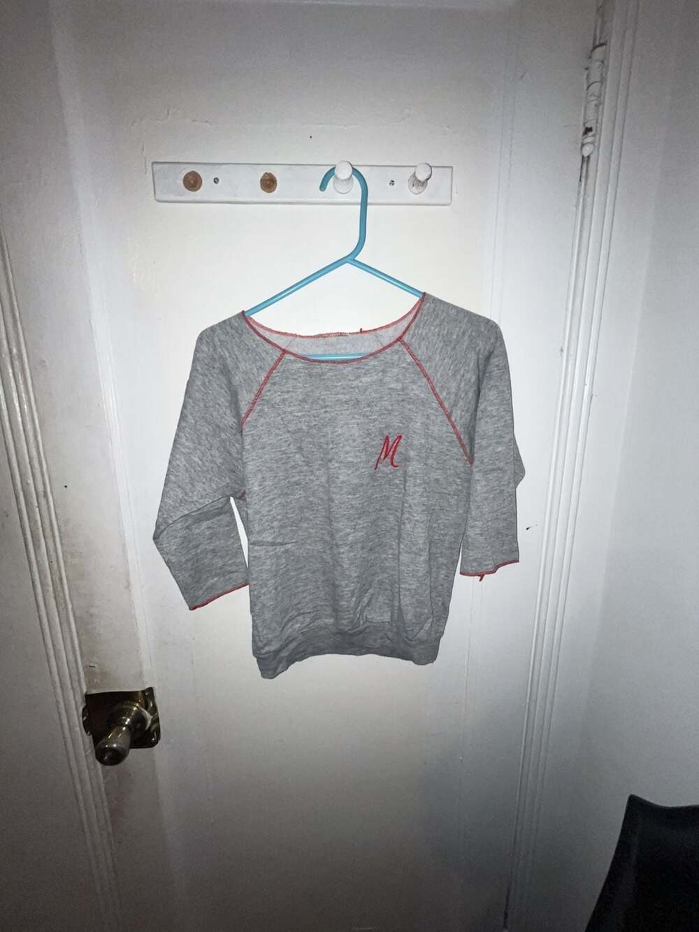 Vintage Grey Cropped Sweatshirt with Red Stitching and M Monogram